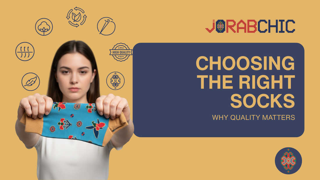 Hero banner for "Choosing the Right Socks: Why Quality Matters" featuring a woman holding colorful patterned designer cotton crew socks alongside icons highlighting premium materials, comfort, durability, and craftsmanship.