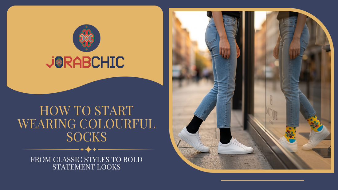Hero banner for "How to Start Wearing Colourful Socks" featuring colorful patterned designer cotton crew socks styled with casual fashion, illustrating how to transition from classic socks to bold statement looks with confidence.