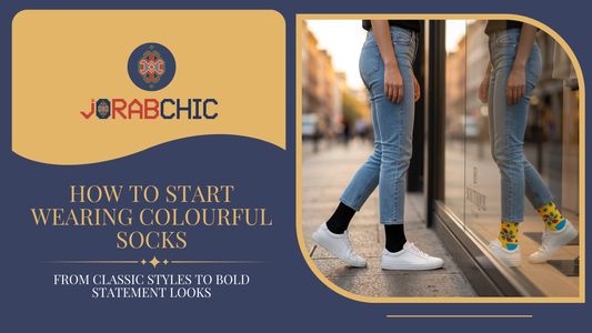 Hero banner for "How to Start Wearing Colourful Socks" featuring colorful patterned designer cotton crew socks styled with casual fashion, illustrating how to transition from classic socks to bold statement looks with confidence.