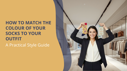 Hero banner for "How to Match the Colour of Your Socks to Your Outfit" featuring colorful patterned designer cotton crew socks and a fashion professional comparing two sock designs as a practical style guide for coordinating socks with different outfits.